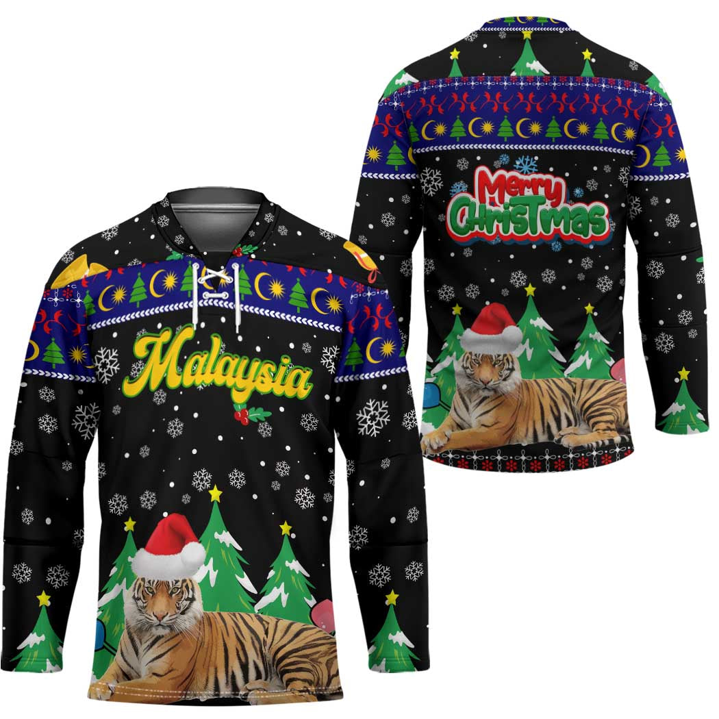 Malaysia Christmas Hockey Jersey with Tiger Santa Hat Snowflakes and Holiday Tree Pattern - Wonder Print Shop