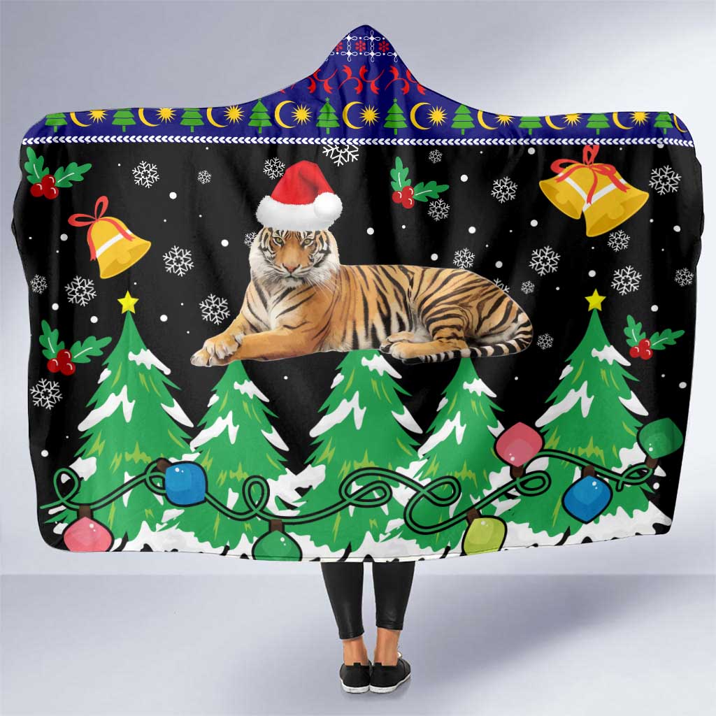 Malaysia Christmas Hooded Blanket with Tiger Santa Hat Snowflakes and Holiday Tree Pattern - Wonder Print Shop