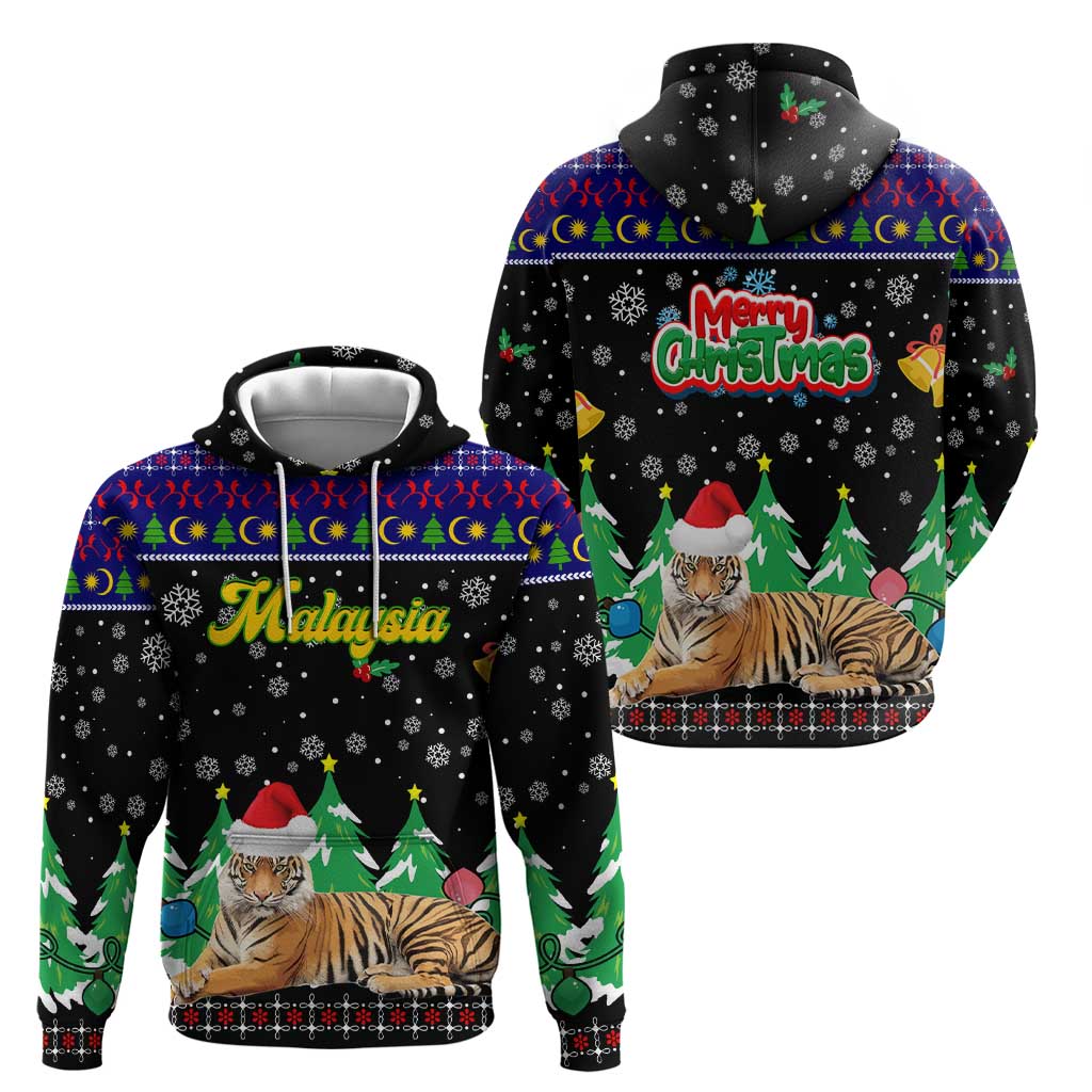Malaysia Christmas Hoodie with Tiger Santa Hat Snowflakes and Holiday Tree Pattern - Wonder Print Shop