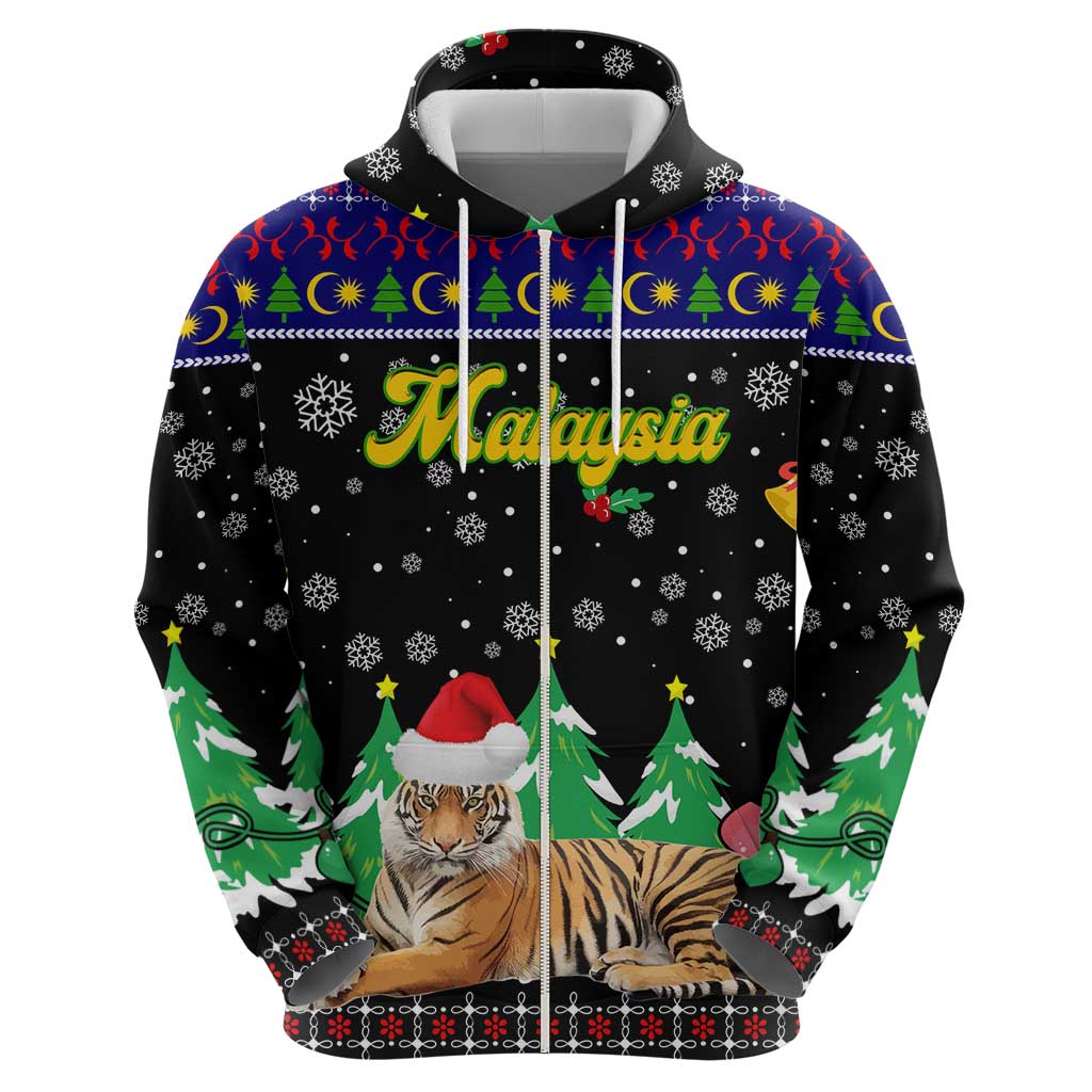 Malaysia Christmas Hoodie with Tiger Santa Hat Snowflakes and Holiday Tree Pattern - Wonder Print Shop
