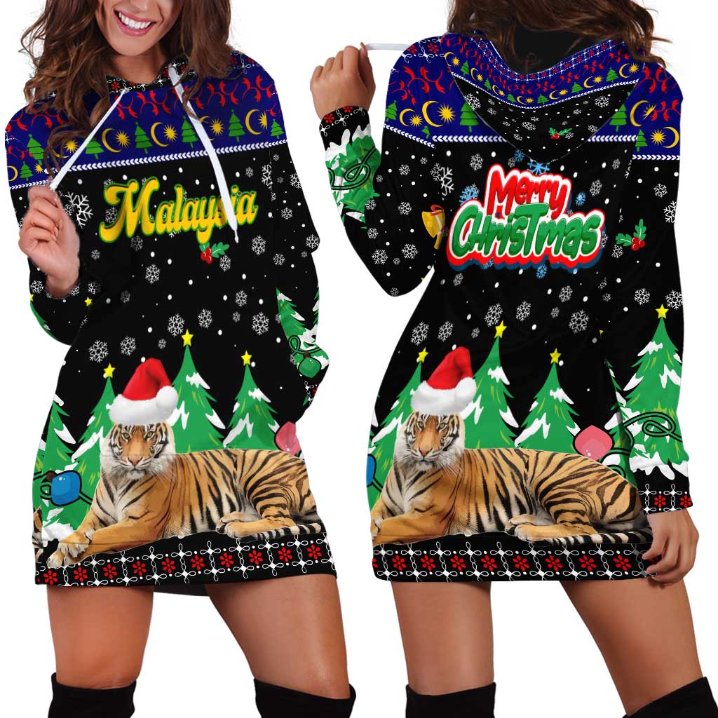 Malaysia Christmas Hoodie Dress with Tiger Santa Hat Snowflakes and Holiday Tree Pattern - Wonder Print Shop