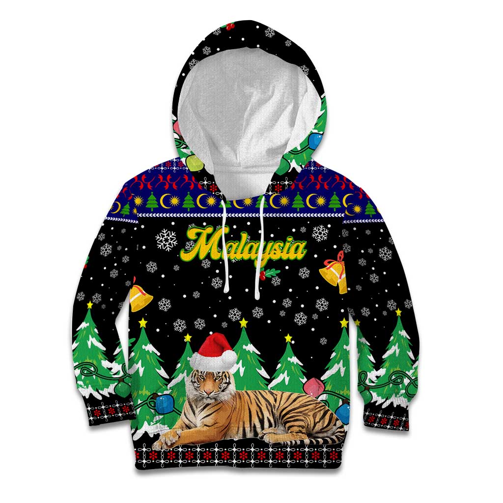 Malaysia Christmas Kid Hoodie with Tiger Santa Hat Snowflakes and Holiday Tree Pattern - Wonder Print Shop