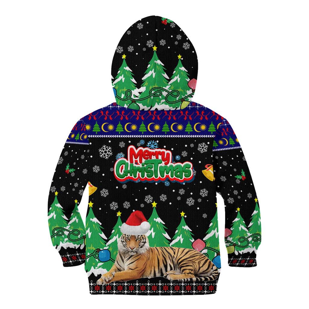 Malaysia Christmas Kid Hoodie with Tiger Santa Hat Snowflakes and Holiday Tree Pattern - Wonder Print Shop