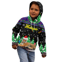 Malaysia Christmas Kid Hoodie with Tiger Santa Hat Snowflakes and Holiday Tree Pattern - Wonder Print Shop