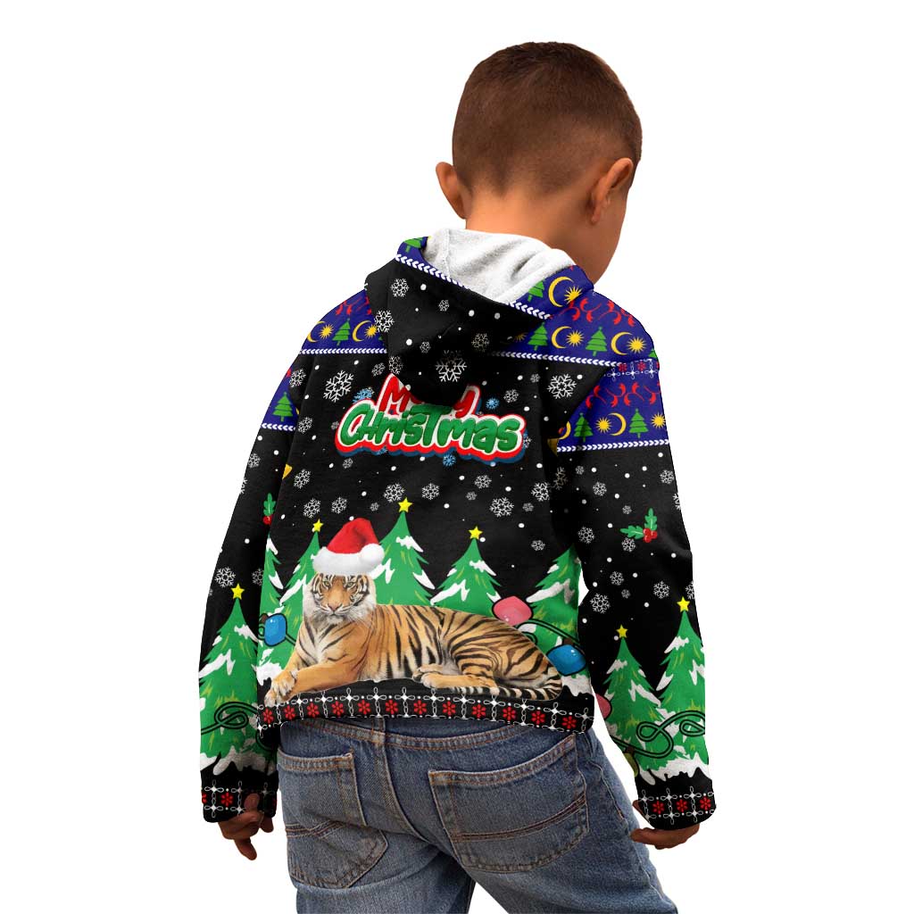 Malaysia Christmas Kid Hoodie with Tiger Santa Hat Snowflakes and Holiday Tree Pattern - Wonder Print Shop