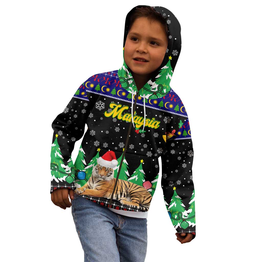 Malaysia Christmas Kid Hoodie with Tiger Santa Hat Snowflakes and Holiday Tree Pattern - Wonder Print Shop