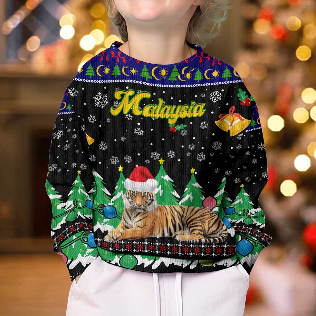 Malaysia Christmas Kid Ugly Christmas Sweater with Tiger Santa Hat Snowflakes and Holiday Tree Pattern - Wonder Print Shop