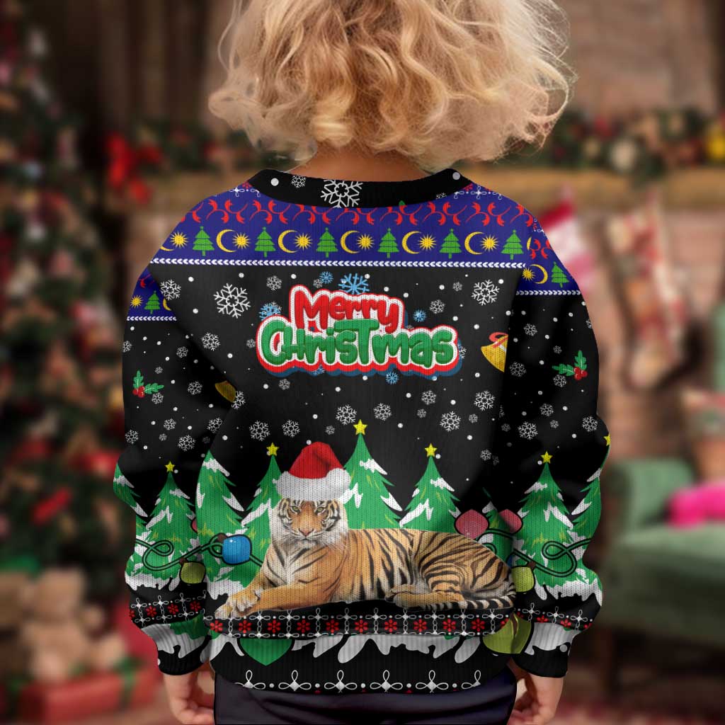 Malaysia Christmas Kid Ugly Christmas Sweater with Tiger Santa Hat Snowflakes and Holiday Tree Pattern - Wonder Print Shop