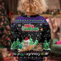 Malaysia Christmas Kid Ugly Christmas Sweater with Tiger Santa Hat Snowflakes and Holiday Tree Pattern - Wonder Print Shop