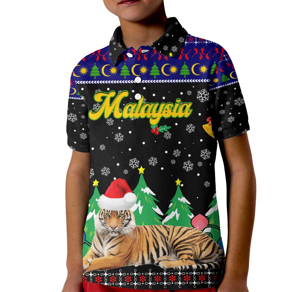 Malaysia Christmas Kid Polo Shirt with Tiger Santa Hat Snowflakes and Holiday Tree Pattern - Wonder Print Shop