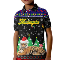 Malaysia Christmas Kid Polo Shirt with Tiger Santa Hat Snowflakes and Holiday Tree Pattern - Wonder Print Shop