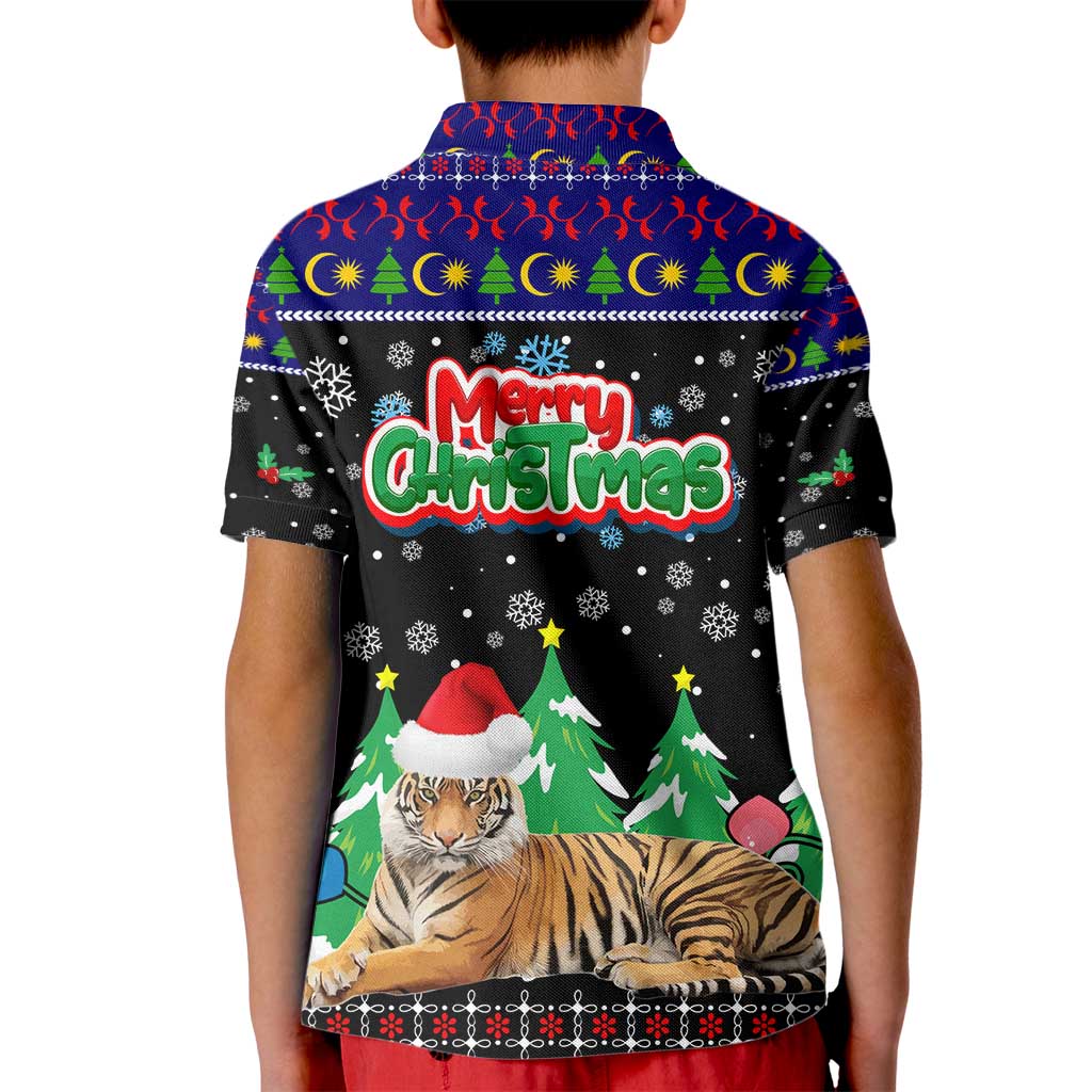 Malaysia Christmas Kid Polo Shirt with Tiger Santa Hat Snowflakes and Holiday Tree Pattern - Wonder Print Shop
