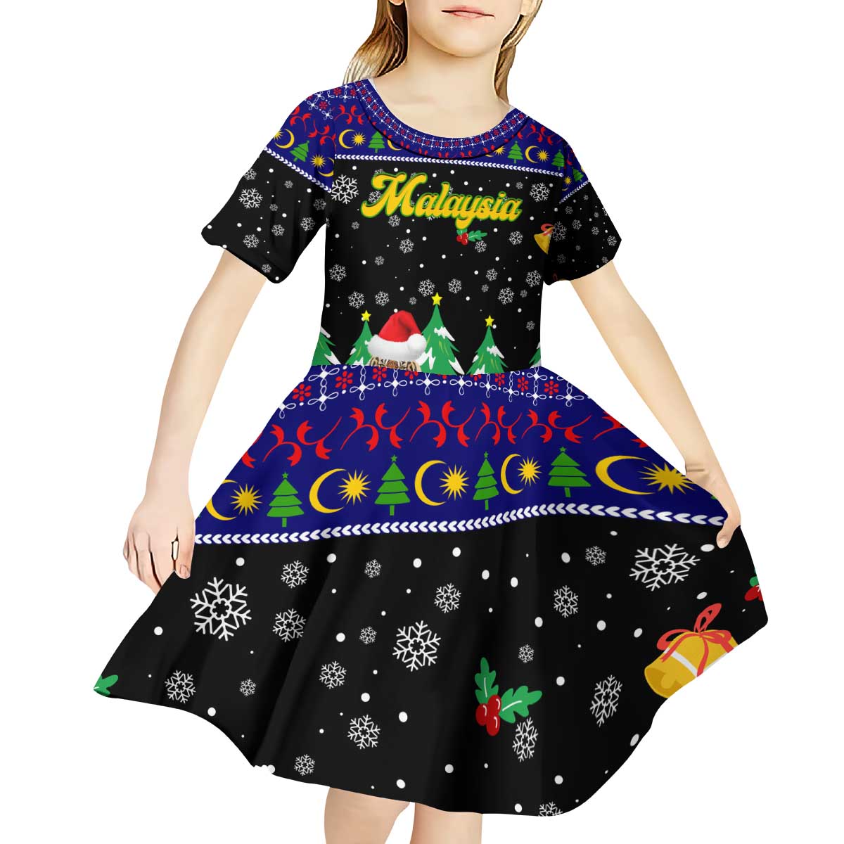 Malaysia Christmas Kid Short Sleeve Dress with Tiger Santa Hat Snowflakes and Holiday Tree Pattern - Wonder Print Shop