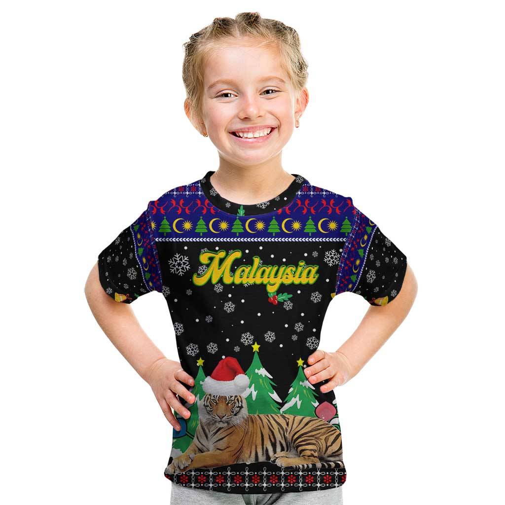 Malaysia Christmas Kid T Shirt with Tiger Santa Hat Snowflakes and Holiday Tree Pattern - Wonder Print Shop