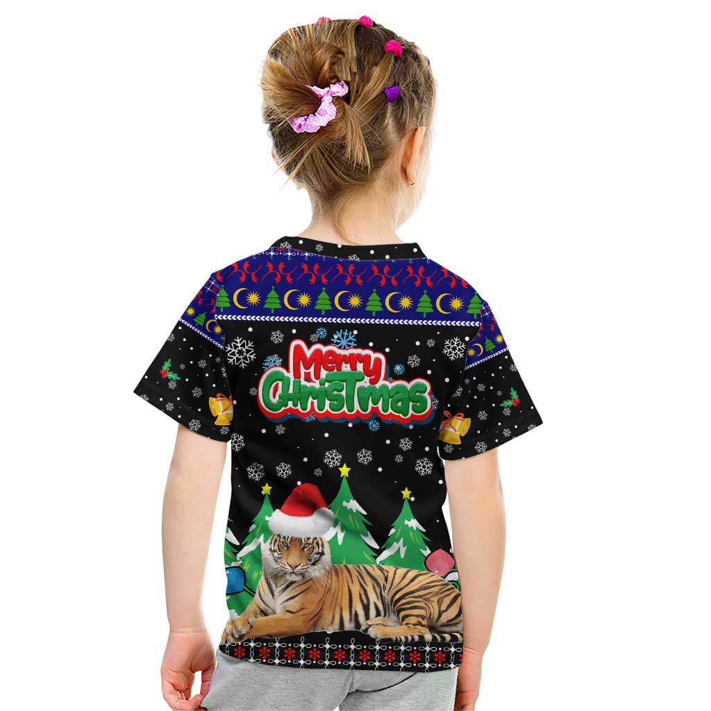 Malaysia Christmas Kid T Shirt with Tiger Santa Hat Snowflakes and Holiday Tree Pattern - Wonder Print Shop