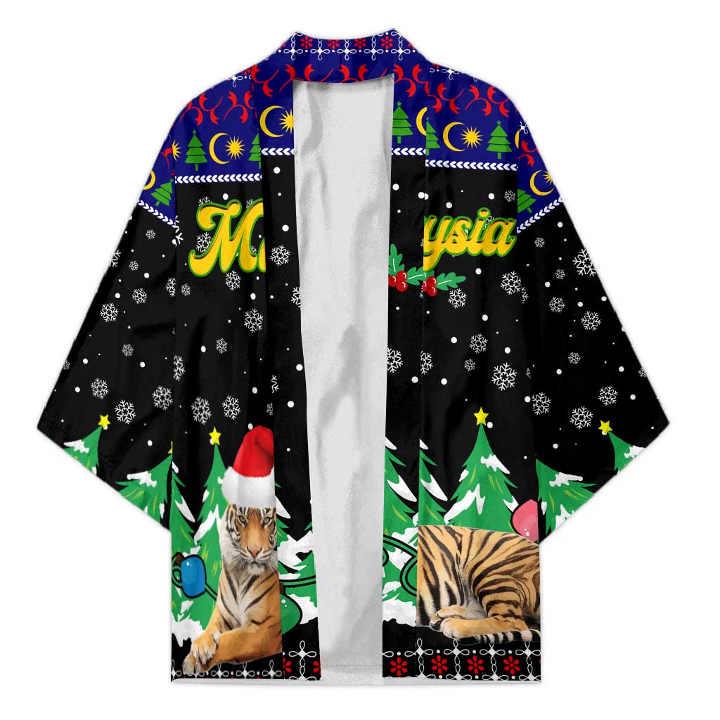 Malaysia Christmas Kimono with Tiger Santa Hat Snowflakes and Holiday Tree Pattern - Wonder Print Shop