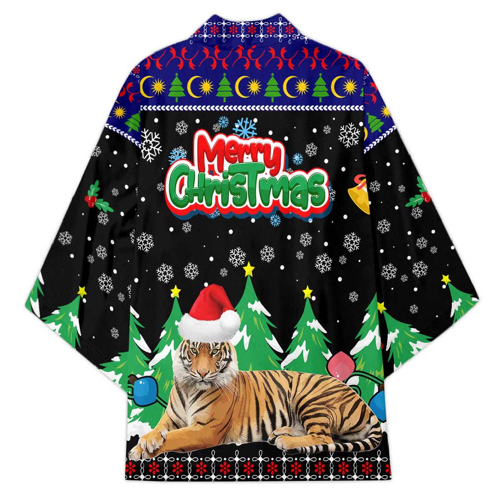 Malaysia Christmas Kimono with Tiger Santa Hat Snowflakes and Holiday Tree Pattern - Wonder Print Shop