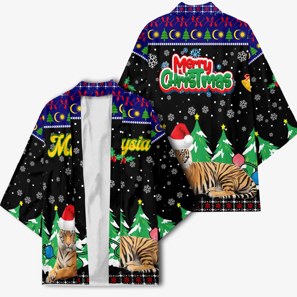 Malaysia Christmas Kimono with Tiger Santa Hat Snowflakes and Holiday Tree Pattern - Wonder Print Shop