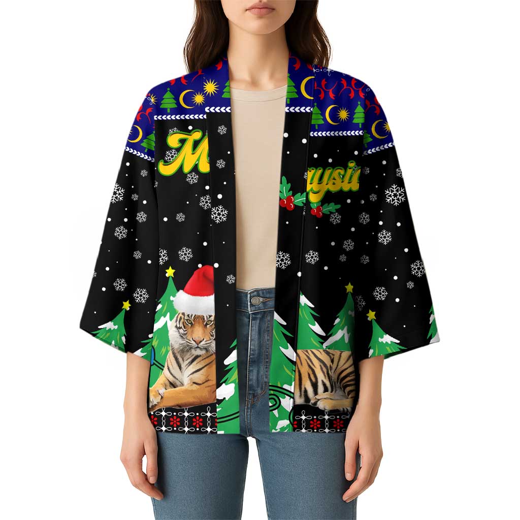 Malaysia Christmas Kimono with Tiger Santa Hat Snowflakes and Holiday Tree Pattern - Wonder Print Shop