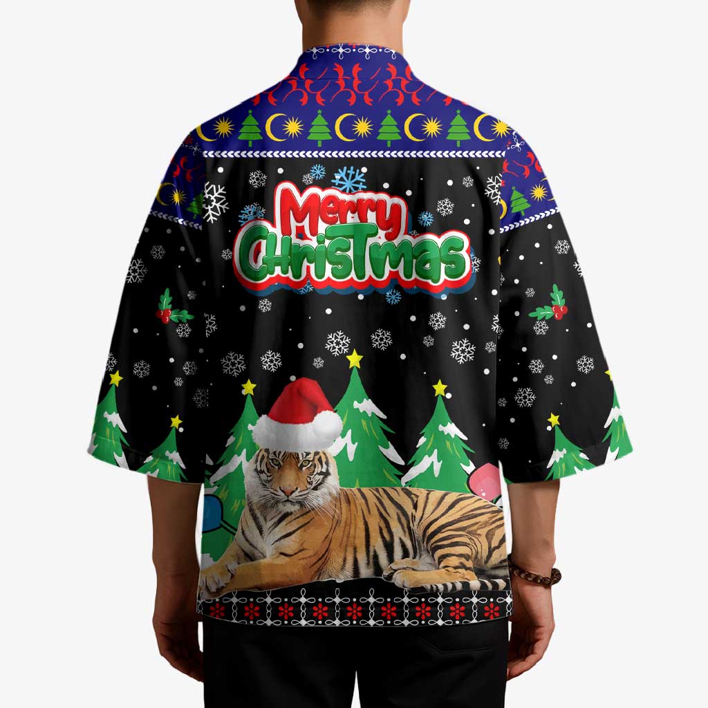 Malaysia Christmas Kimono with Tiger Santa Hat Snowflakes and Holiday Tree Pattern - Wonder Print Shop