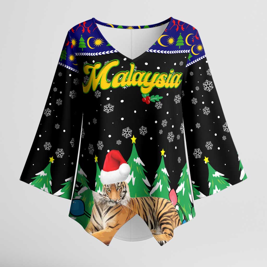 Malaysia Christmas Kimono Sleeve Blouse with Tiger Santa Hat Snowflakes and Holiday Tree Pattern - Wonder Print Shop