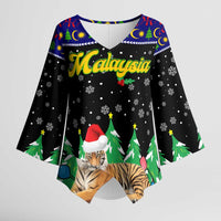 Malaysia Christmas Kimono Sleeve Blouse with Tiger Santa Hat Snowflakes and Holiday Tree Pattern - Wonder Print Shop