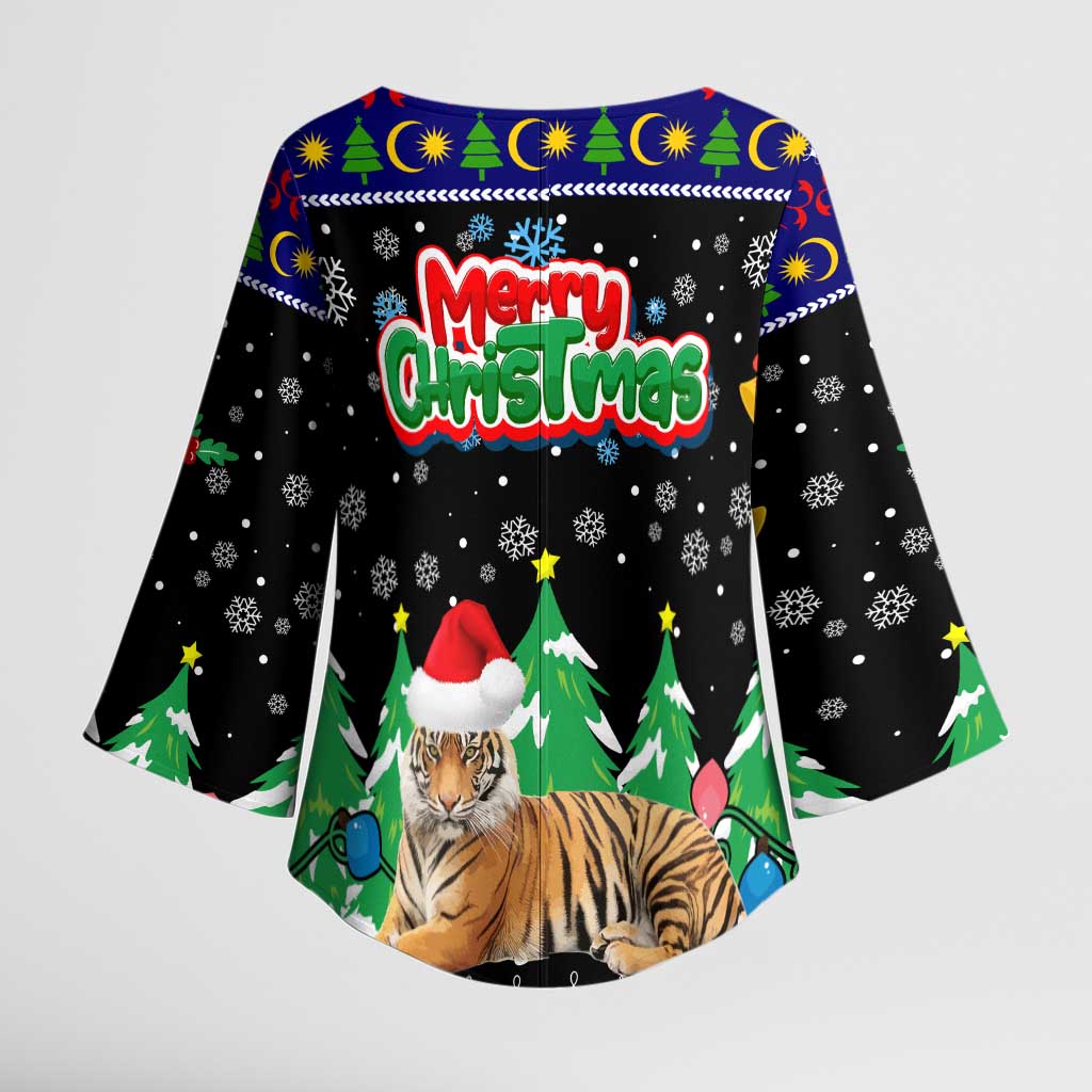 Malaysia Christmas Kimono Sleeve Blouse with Tiger Santa Hat Snowflakes and Holiday Tree Pattern - Wonder Print Shop
