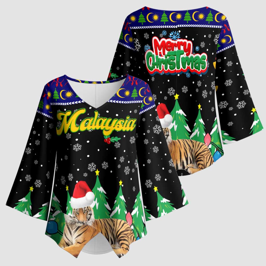 Malaysia Christmas Kimono Sleeve Blouse with Tiger Santa Hat Snowflakes and Holiday Tree Pattern - Wonder Print Shop