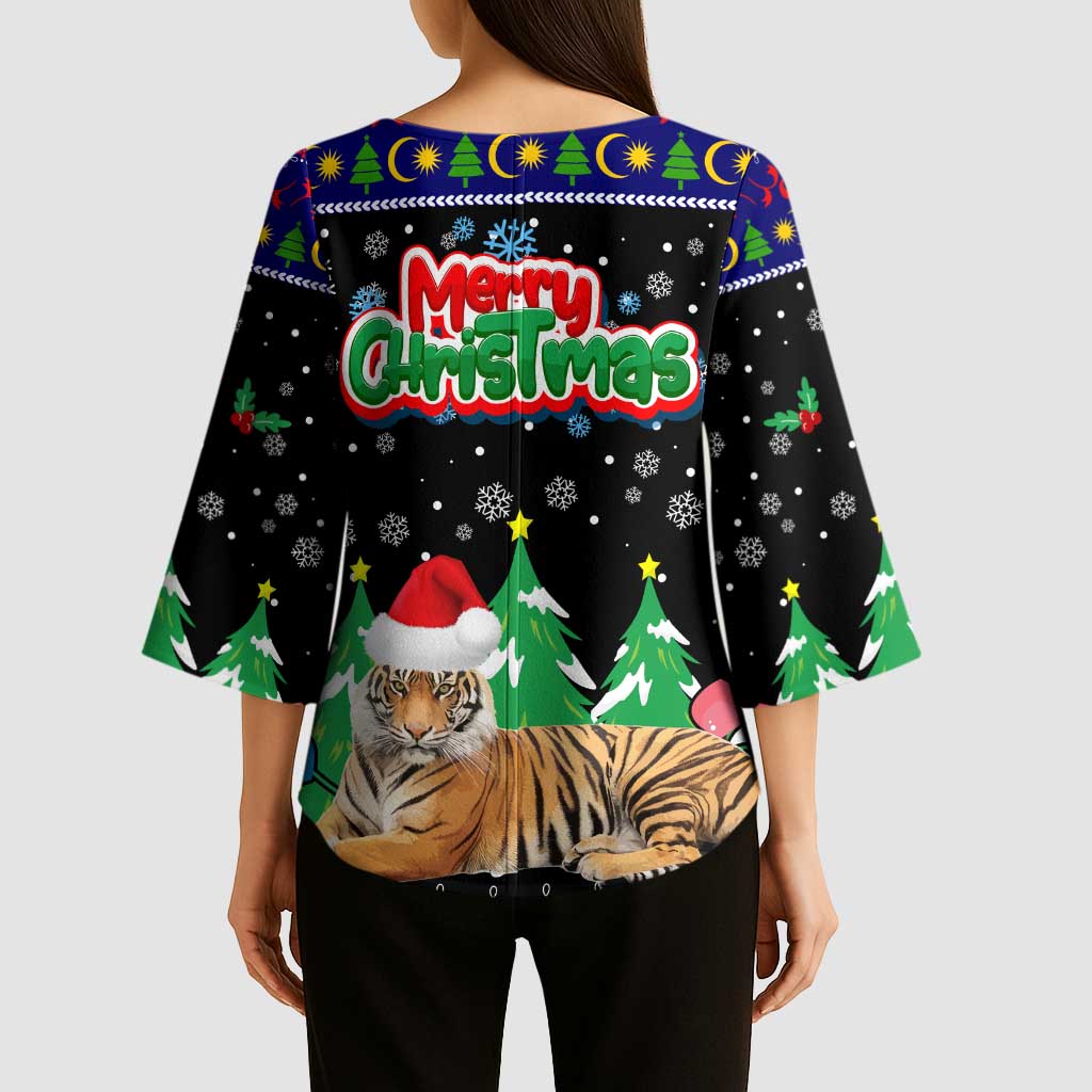 Malaysia Christmas Kimono Sleeve Blouse with Tiger Santa Hat Snowflakes and Holiday Tree Pattern - Wonder Print Shop