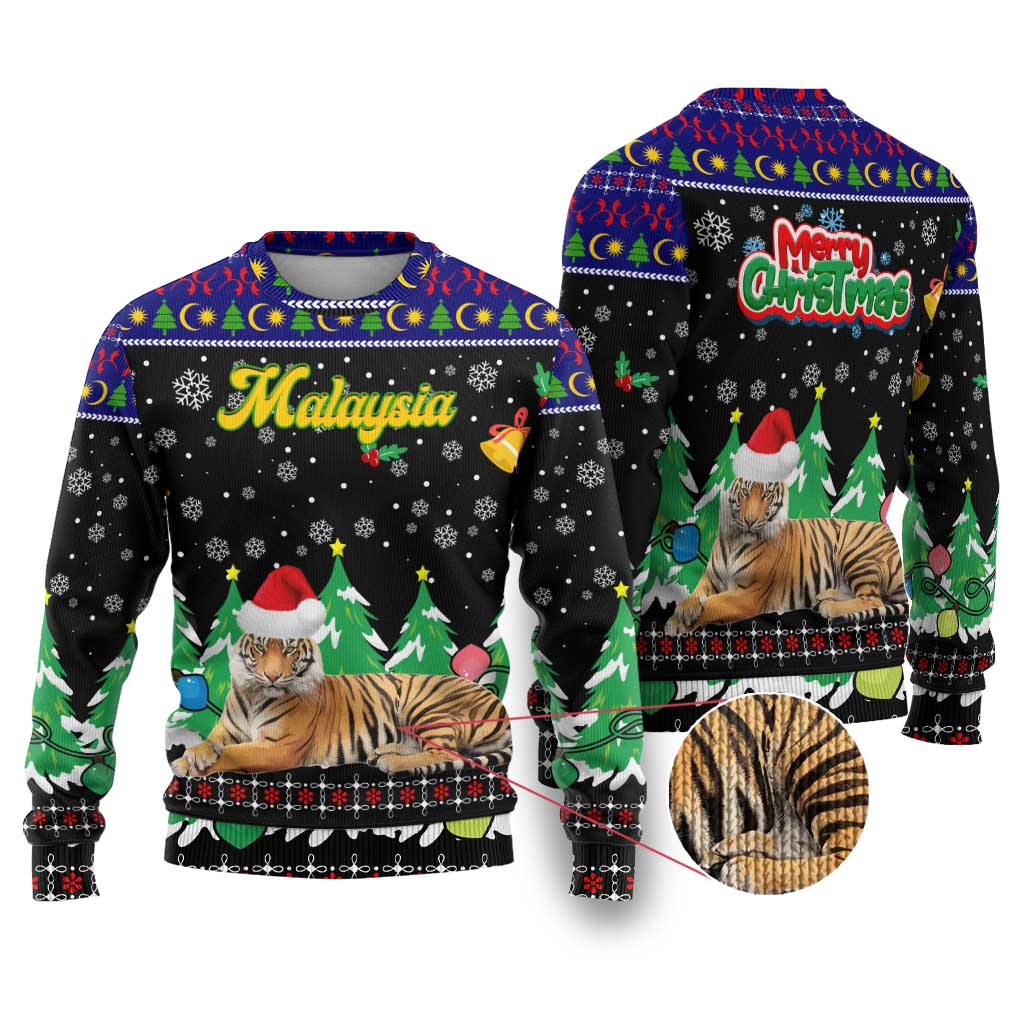 Malaysia Christmas Ugly Christmas Sweater with Tiger Santa Hat Snowflakes and Holiday Tree Pattern - Wonder Print Shop