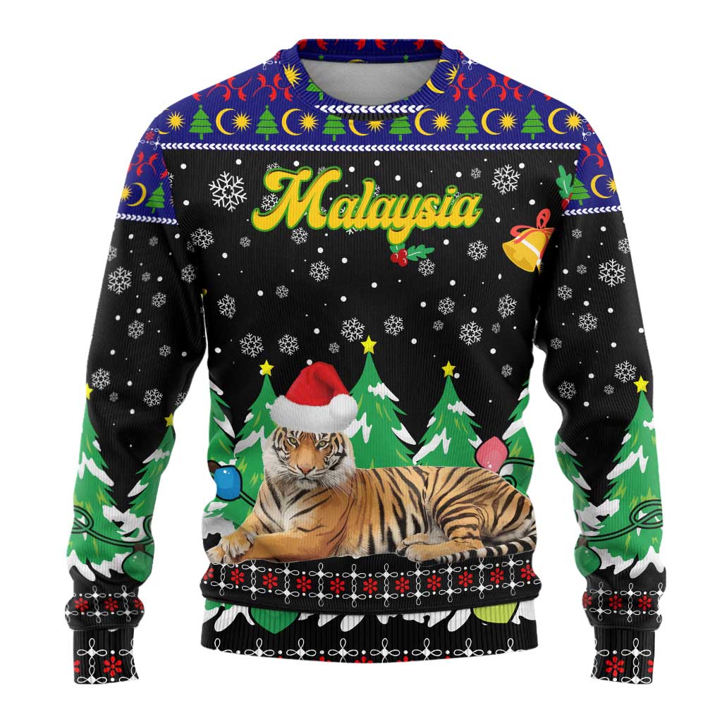 Malaysia Christmas Ugly Christmas Sweater with Tiger Santa Hat Snowflakes and Holiday Tree Pattern - Wonder Print Shop
