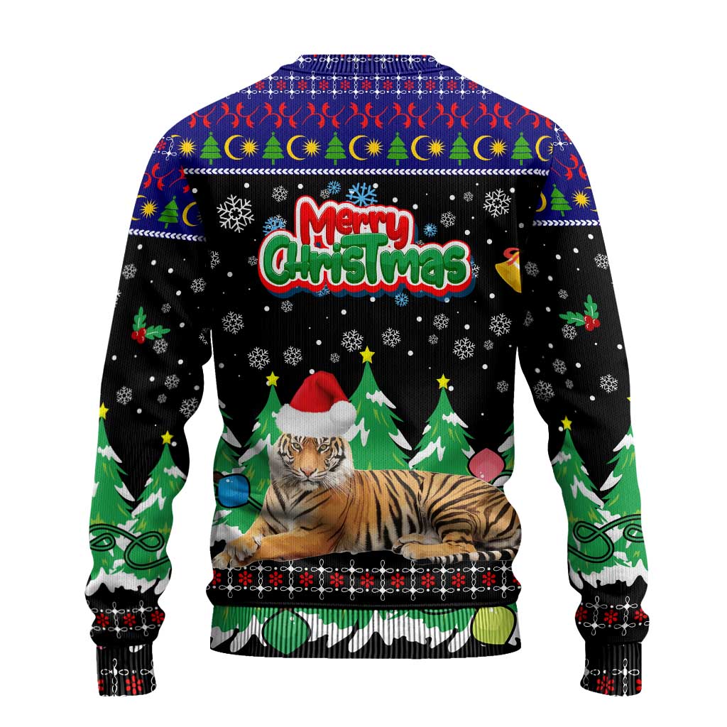 Malaysia Christmas Ugly Christmas Sweater with Tiger Santa Hat Snowflakes and Holiday Tree Pattern - Wonder Print Shop