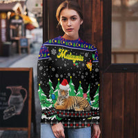 Malaysia Christmas Ugly Christmas Sweater with Tiger Santa Hat Snowflakes and Holiday Tree Pattern - Wonder Print Shop