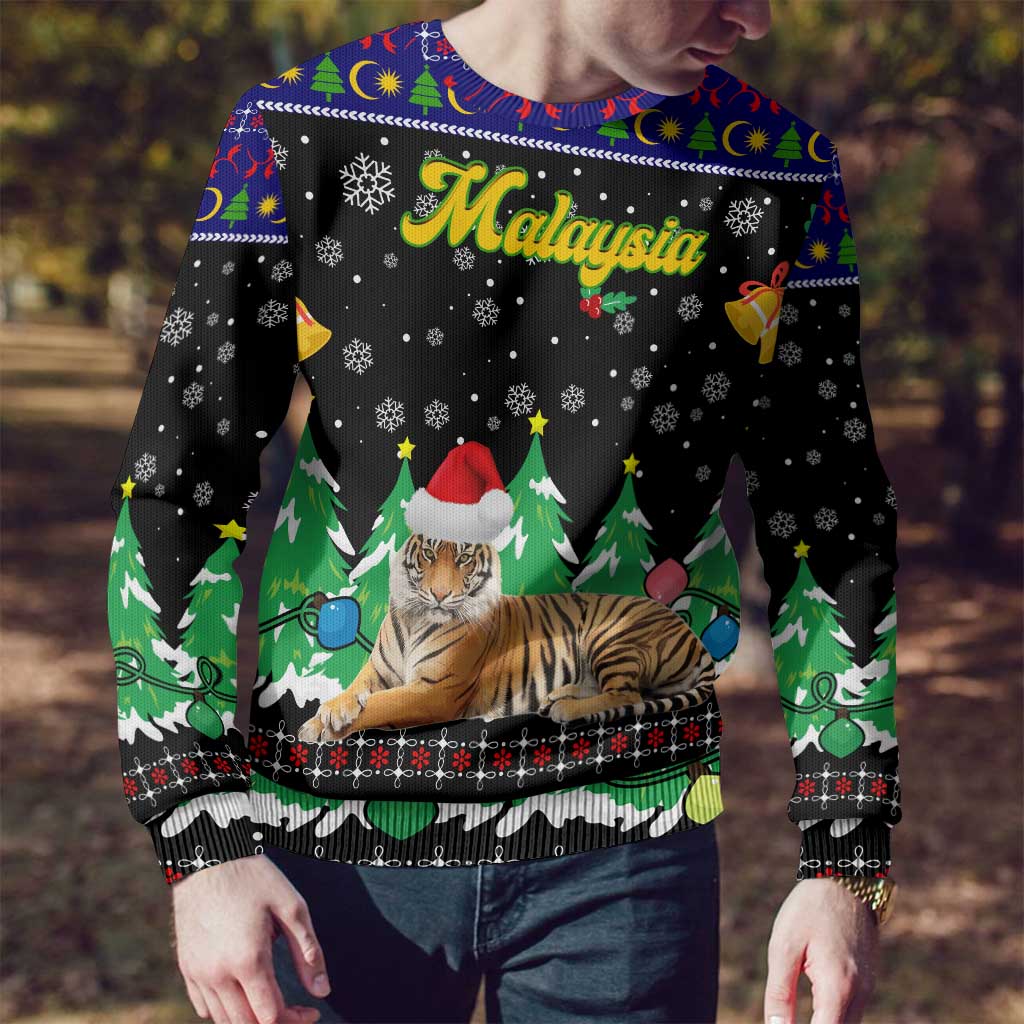 Malaysia Christmas Ugly Christmas Sweater with Tiger Santa Hat Snowflakes and Holiday Tree Pattern - Wonder Print Shop