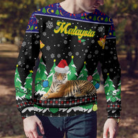 Malaysia Christmas Ugly Christmas Sweater with Tiger Santa Hat Snowflakes and Holiday Tree Pattern - Wonder Print Shop