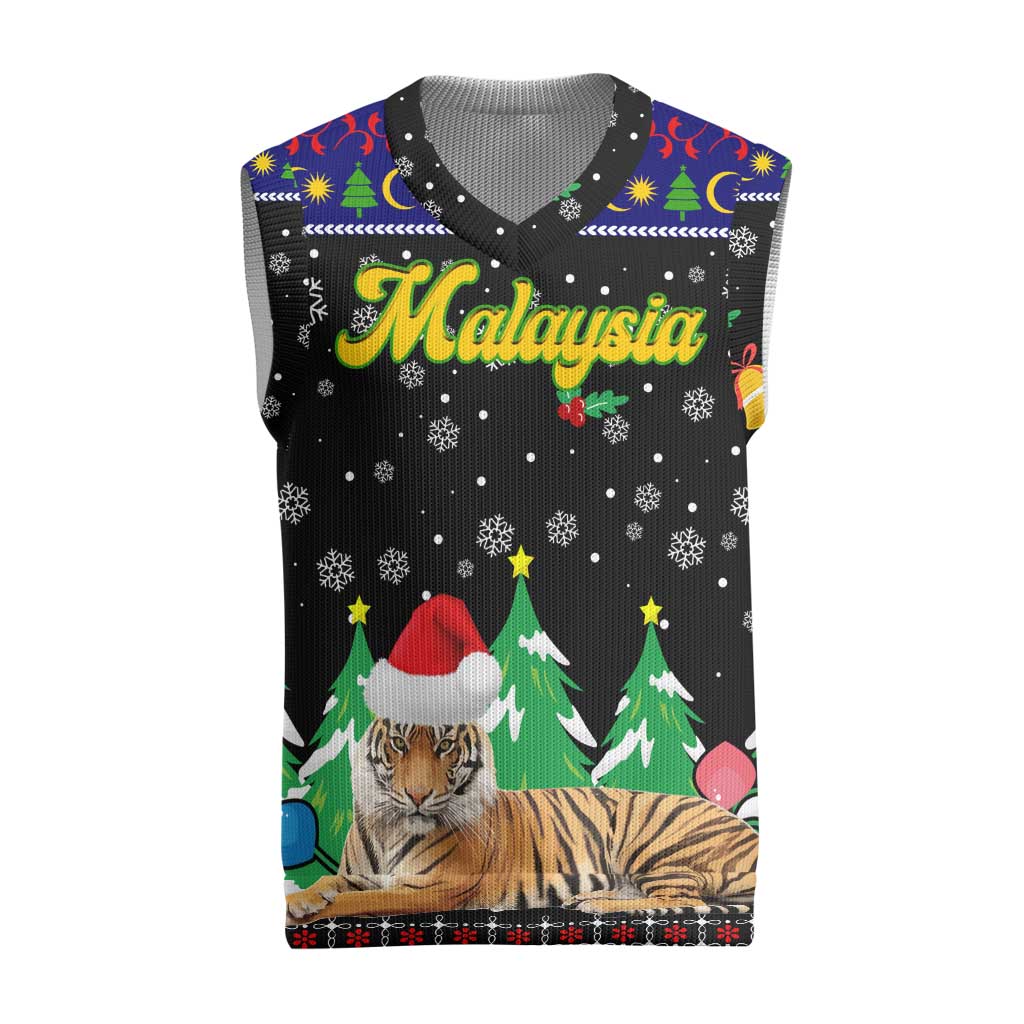 Malaysia Christmas Knitted V-Neck Vest with Tiger Santa Hat Snowflakes and Holiday Tree Pattern - Wonder Print Shop