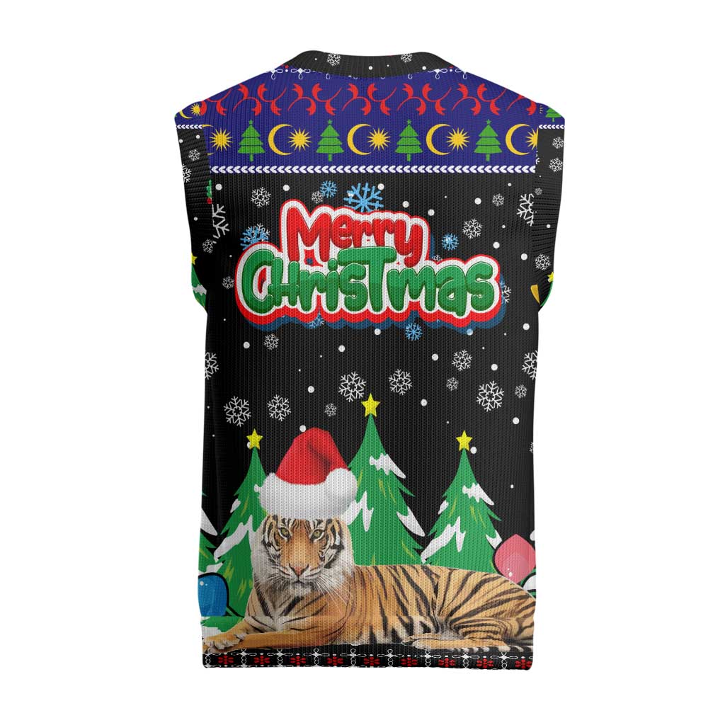 Malaysia Christmas Knitted V-Neck Vest with Tiger Santa Hat Snowflakes and Holiday Tree Pattern - Wonder Print Shop