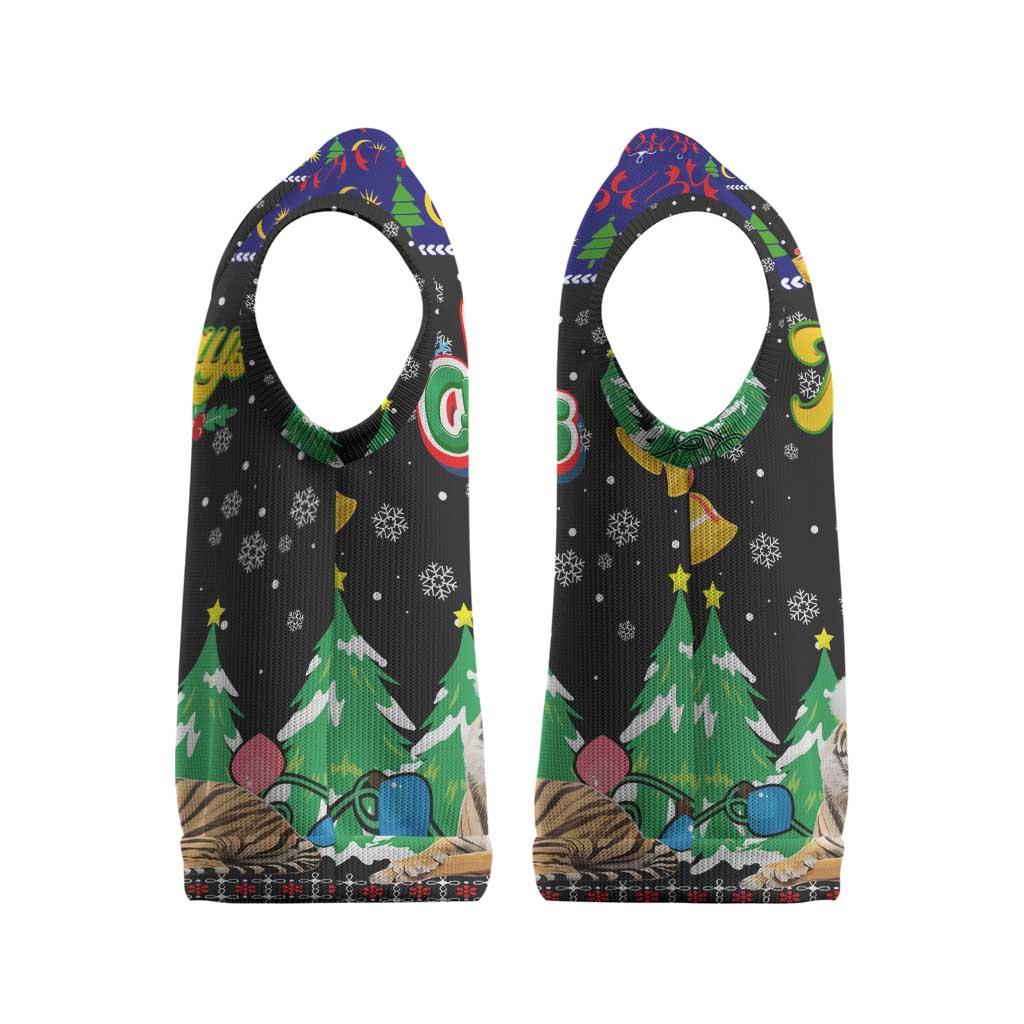 Malaysia Christmas Knitted V-Neck Vest with Tiger Santa Hat Snowflakes and Holiday Tree Pattern - Wonder Print Shop