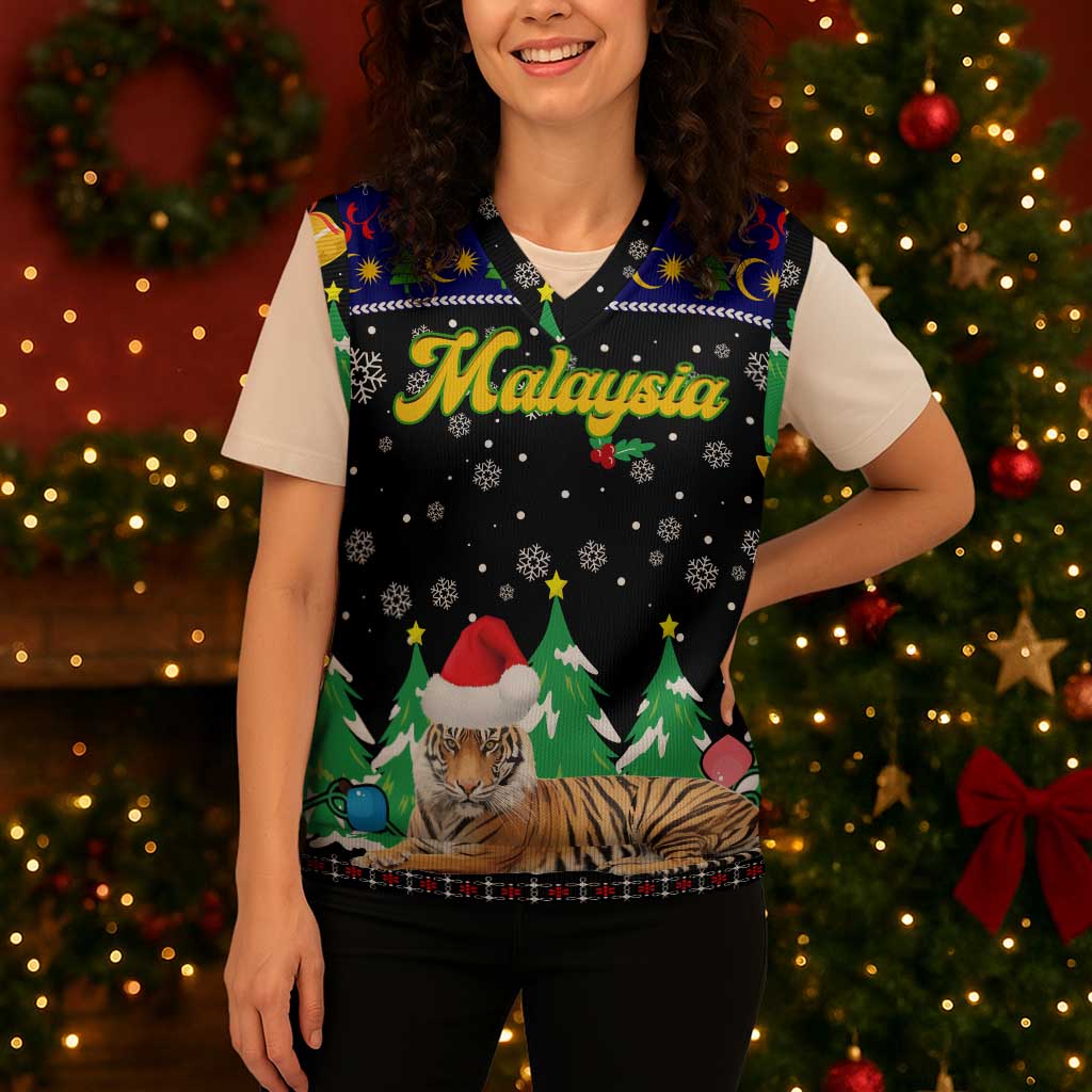 Malaysia Christmas Knitted V-Neck Vest with Tiger Santa Hat Snowflakes and Holiday Tree Pattern - Wonder Print Shop