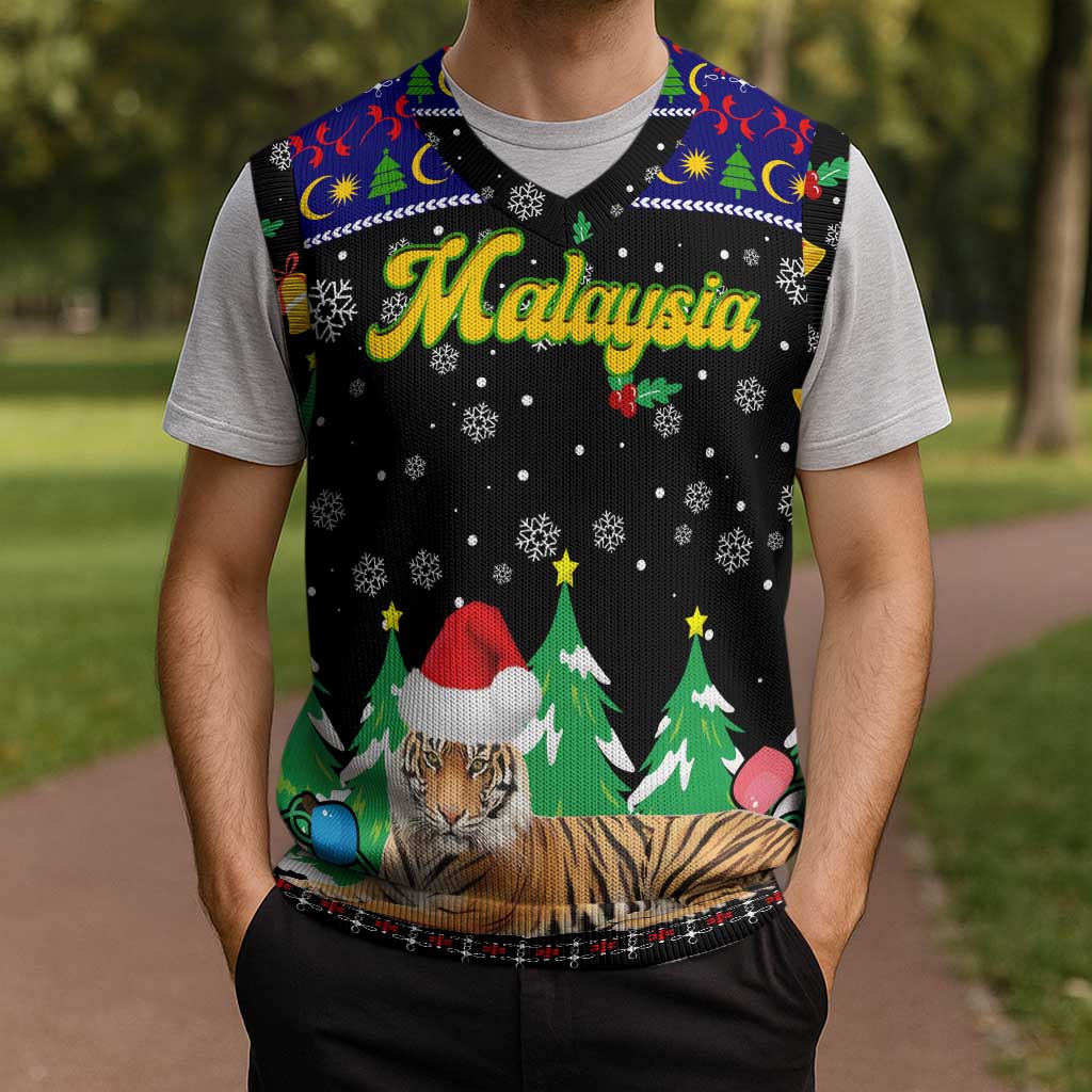 Malaysia Christmas Knitted V-Neck Vest with Tiger Santa Hat Snowflakes and Holiday Tree Pattern - Wonder Print Shop