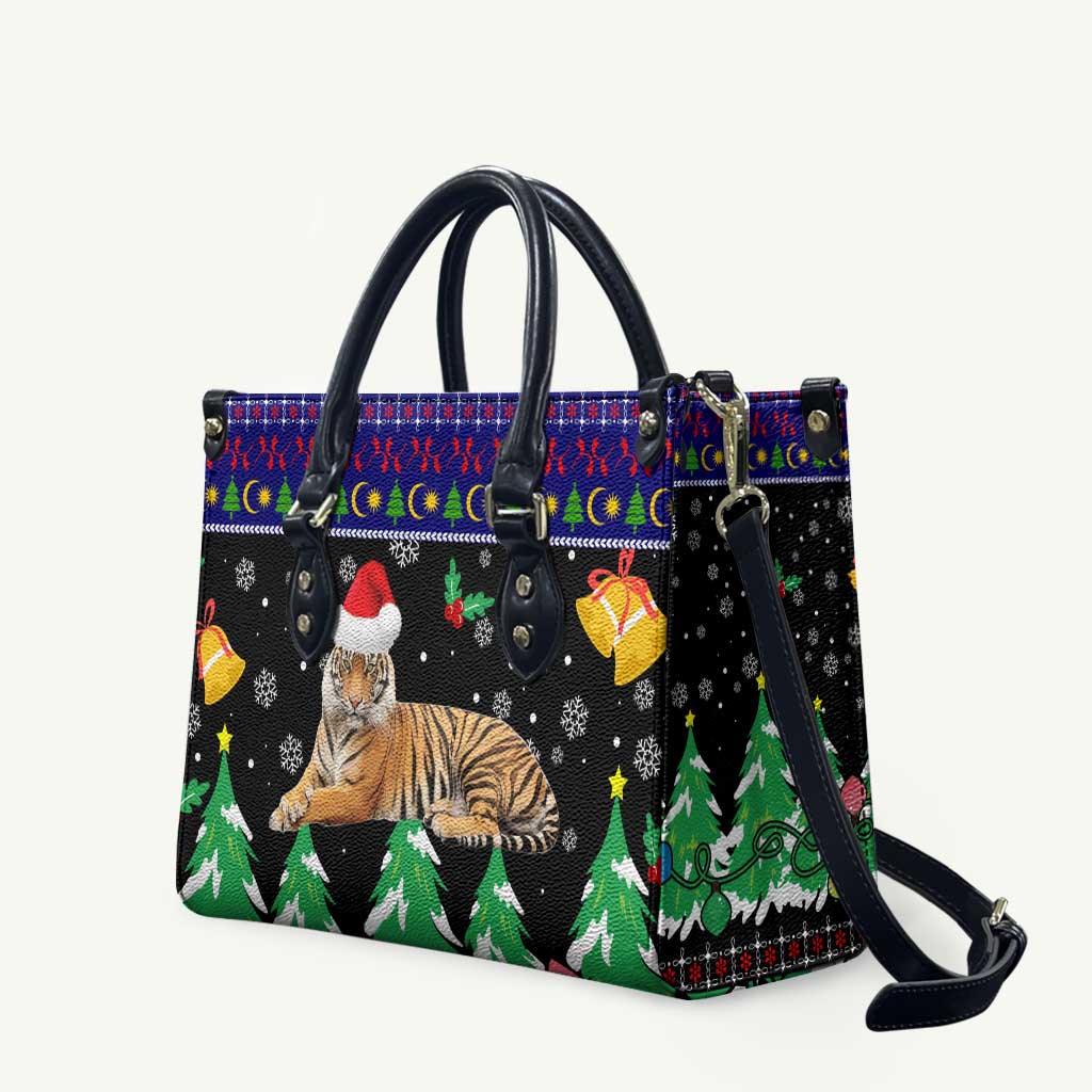 Malaysia Christmas Leather Bag with Tiger Santa Hat Snowflakes and Holiday Tree Pattern - Wonder Print Shop
