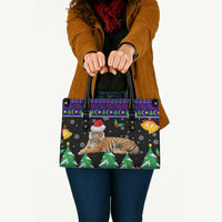 Malaysia Christmas Leather Bag with Tiger Santa Hat Snowflakes and Holiday Tree Pattern - Wonder Print Shop