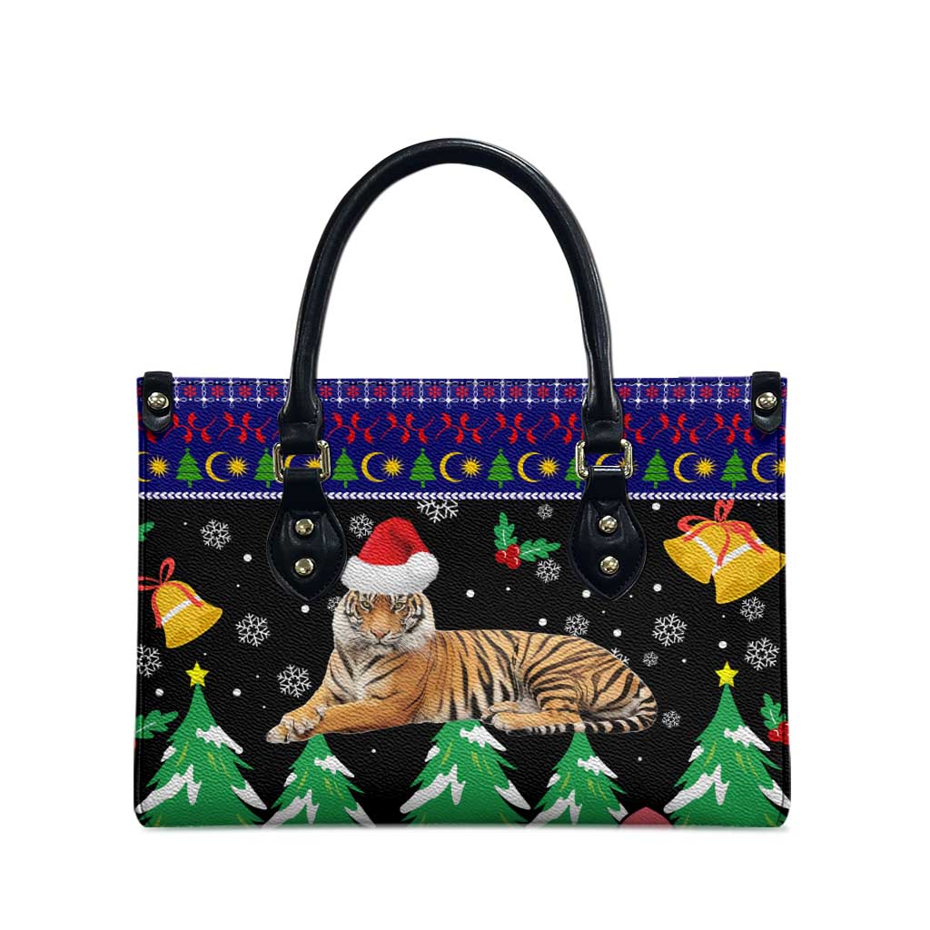 Malaysia Christmas Leather Bag with Tiger Santa Hat Snowflakes and Holiday Tree Pattern - Wonder Print Shop