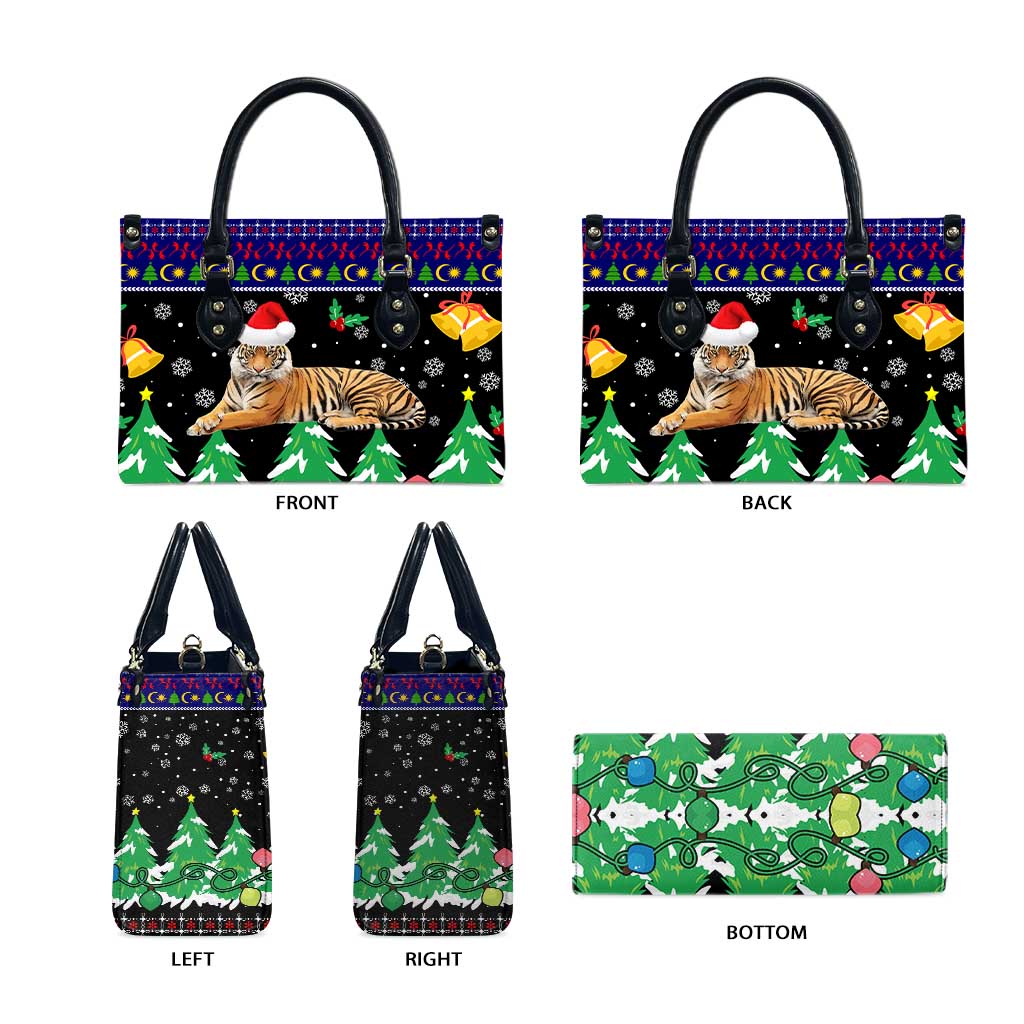Malaysia Christmas Leather Bag with Tiger Santa Hat Snowflakes and Holiday Tree Pattern - Wonder Print Shop