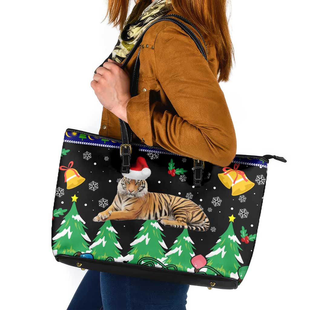 Malaysia Christmas Leather Tote Bag with Tiger Santa Hat Snowflakes and Holiday Tree Pattern - Wonder Print Shop