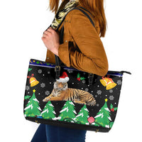 Malaysia Christmas Leather Tote Bag with Tiger Santa Hat Snowflakes and Holiday Tree Pattern - Wonder Print Shop