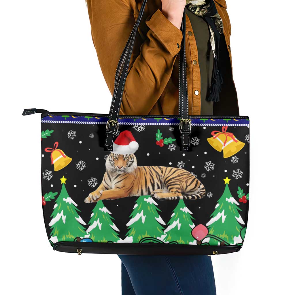 Malaysia Christmas Leather Tote Bag with Tiger Santa Hat Snowflakes and Holiday Tree Pattern - Wonder Print Shop
