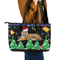 Malaysia Christmas Leather Tote Bag with Tiger Santa Hat Snowflakes and Holiday Tree Pattern - Wonder Print Shop