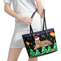 Malaysia Christmas Leather Tote Bag with Tiger Santa Hat Snowflakes and Holiday Tree Pattern - Wonder Print Shop