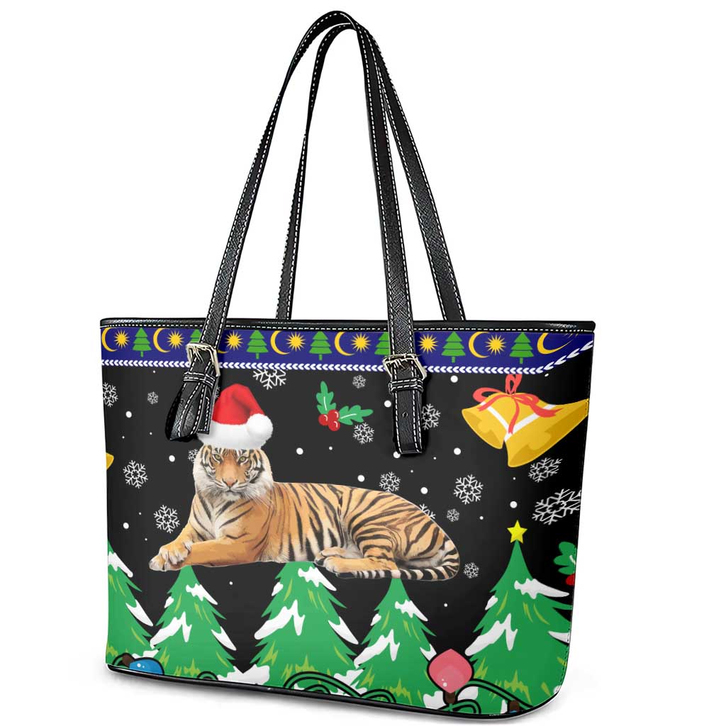 Malaysia Christmas Leather Tote Bag with Tiger Santa Hat Snowflakes and Holiday Tree Pattern - Wonder Print Shop